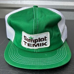Vintage 80's Simplot TEMIK Green White Mesh Trucker Hat Cap Made in USA
